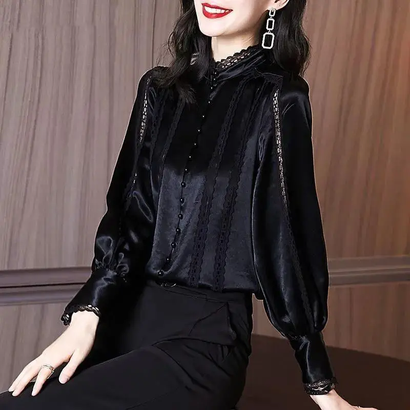 Women Elegant Black Fashion Blouse French Lace Long Sleeves Loose Stand Collar Hollow Out Spring Chic Pullover Women's Shirt