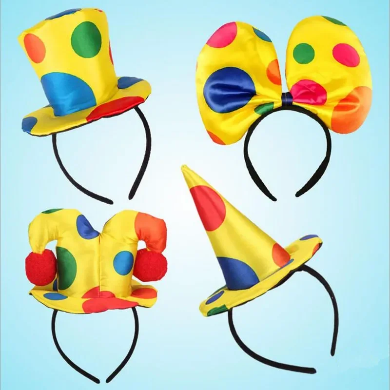 Men Women Boy Girl Polka Dots Clown Headband Circus Hat Hairband Bow Tie Party Top Cap Gift Costume Halloween Cosplay Festival