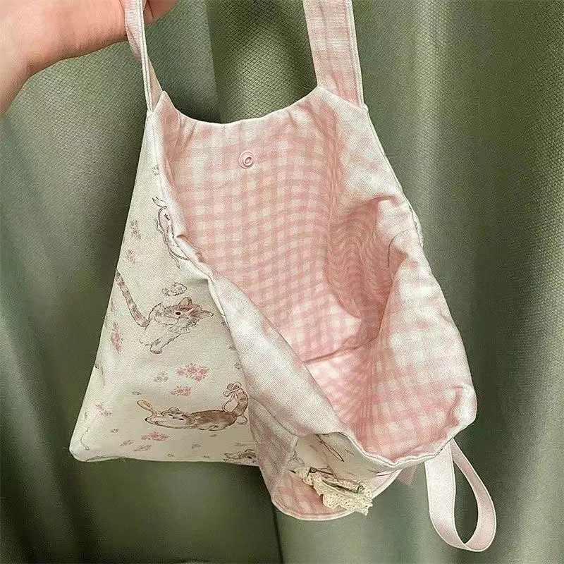 JIAERDI Fairy Core Floral Cat Print Shoulder Bags Y2k Women Harajuku Bow Canvas Bag Female Underarm Bag Purse Bolsos De Mujer