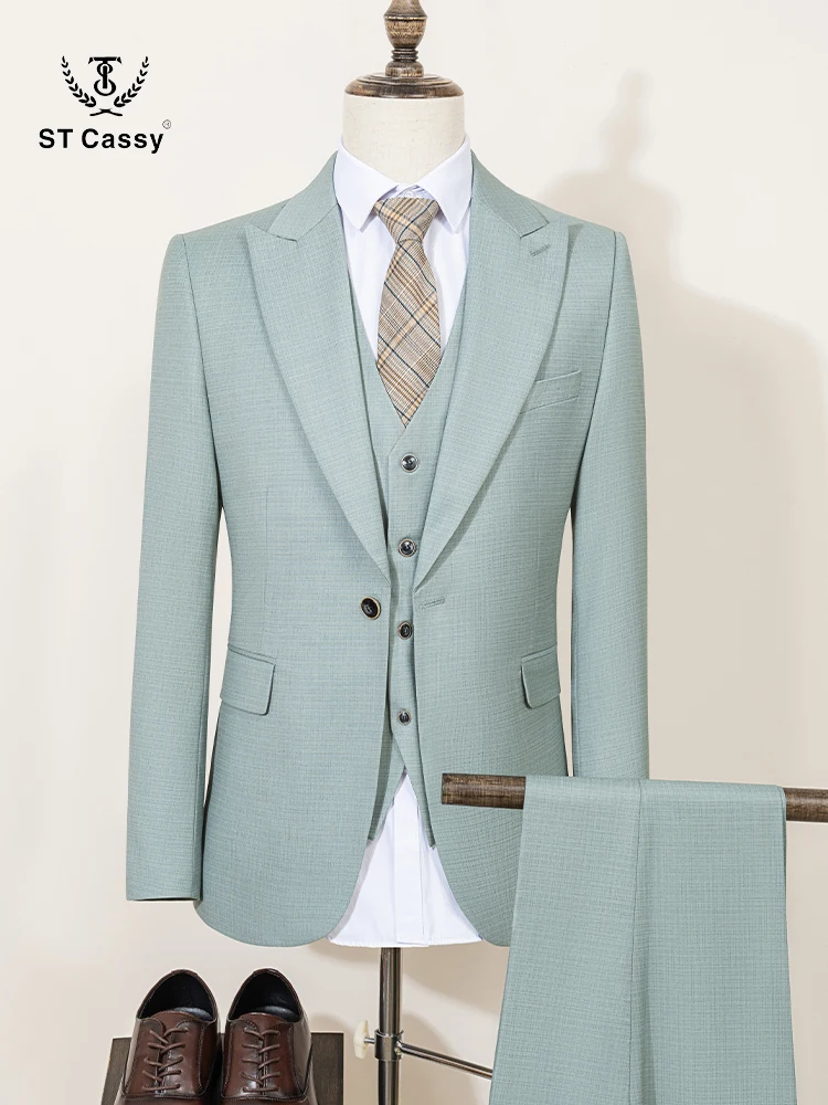 ST Cassy Men's Summer thin Green Slim Fit Formal Business Office Suit（jacket + Vest + Pants） Formal Suit Business Men Clothing