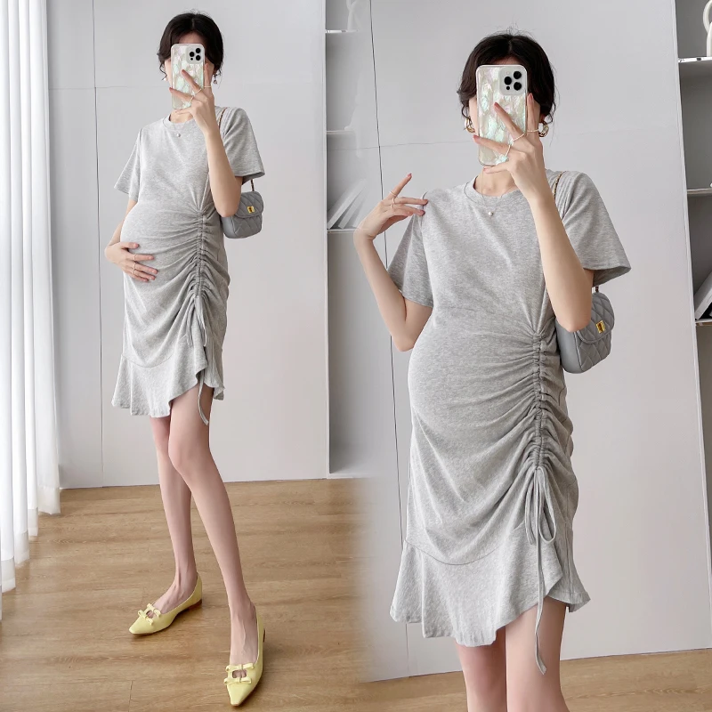 

6831# Side Drawstring Sexy Hot Cotton Maternity Dress Summer Fashion Elegant Stylish A Line Clothes for Pregnant Women Pregnancy