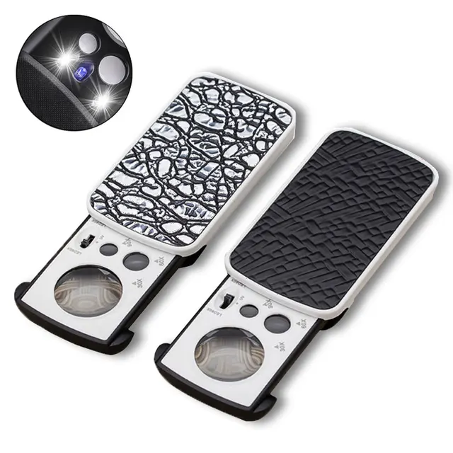 Lupa de joyería con luz LED UV, lente óptica de bolsillo deslizante para sellos de monedas y diamantes, 30X, 60X, 90X