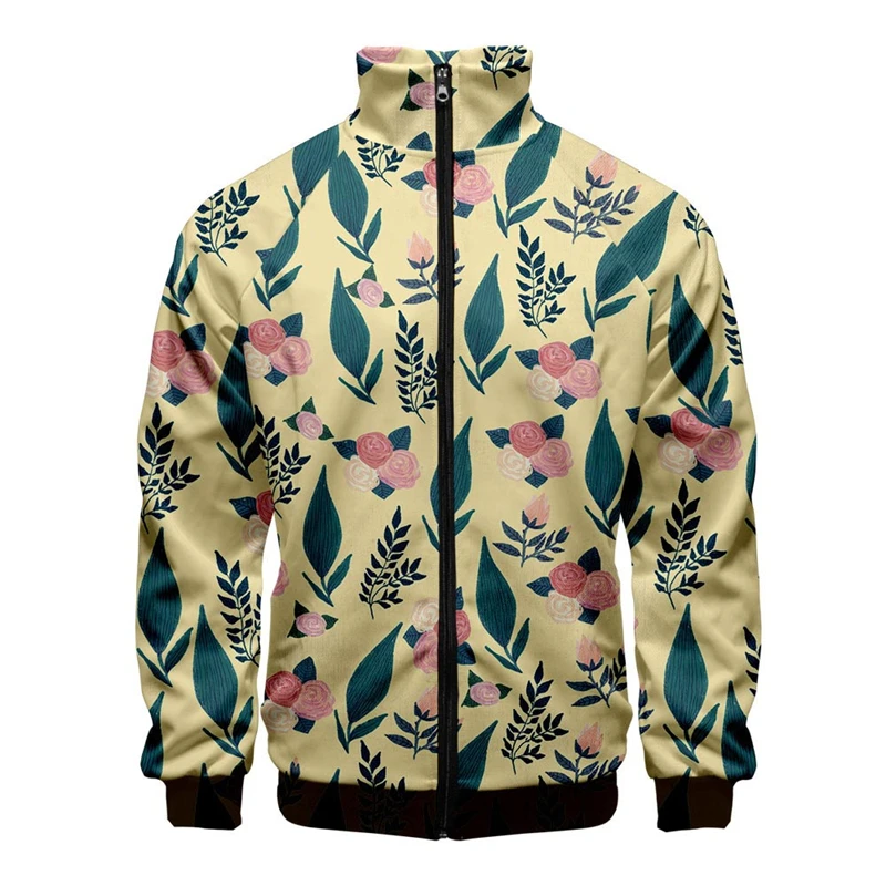thumbnail image 1 of Chaqueta con cuello alto y cremallera con estampado digital 3D de hojas hawaianas para hombre y mujer, chaquetas de manga larga, ropa de calle de moda para hombre, 1 of 5