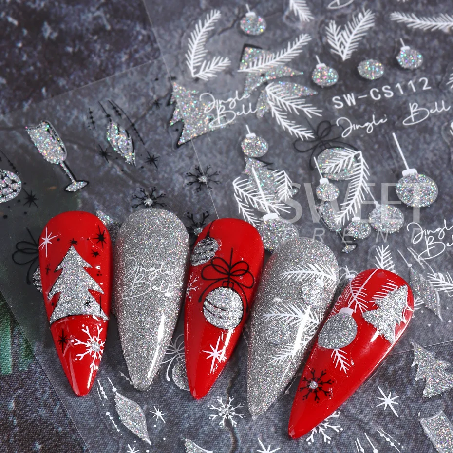 Silver Glitter Christmas Nail Stickers 3D Winter Tree Snowflake Feather Leaf Lantern Gift Wine Holographic Manicure Slider Tips 5