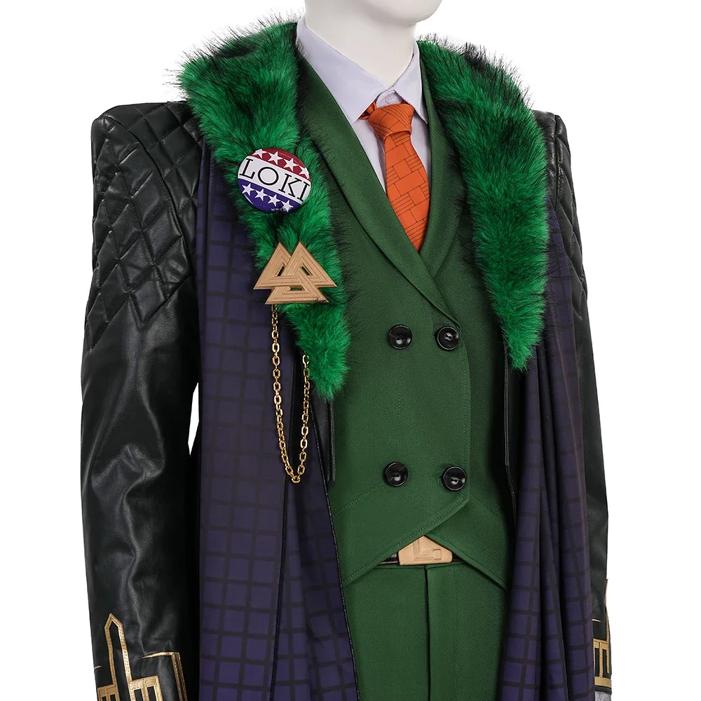 Fake President Cosplay Loki Costume Green Fur Collar Coat Vest