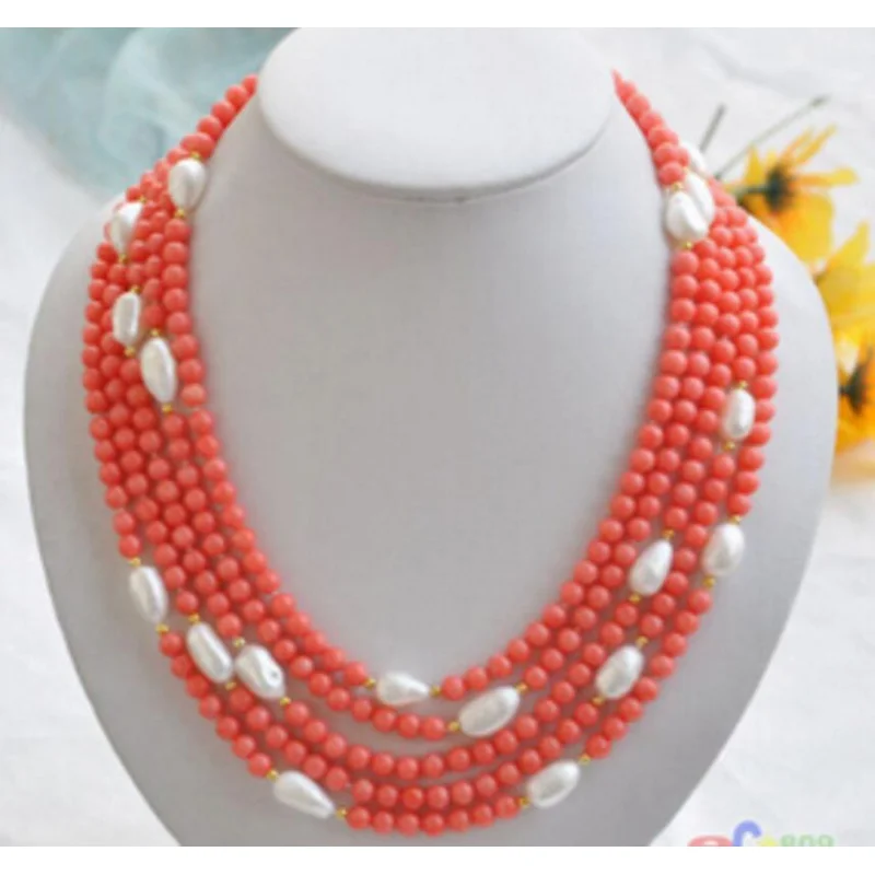 

natural 5row 17-21" pink coral bead white baroque pearl NELACE AAA