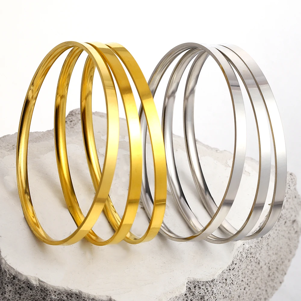 3Pcs/set Glossy Bangle Bracelet Stainless Steel Plain Hoop Bracelet for Women Jewelry Minimalist Style Cuff Waterproof Jewelry 2
