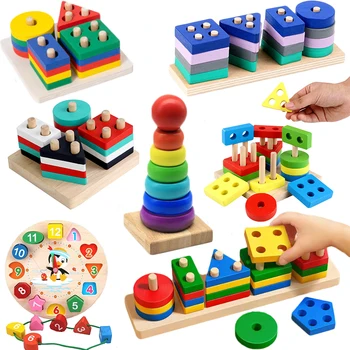 Montessori Wooden Block Toys Children Geometric Shape Color Sorter Block Puzzles Toddler Sorting Math Bricks Stacking Toys 2