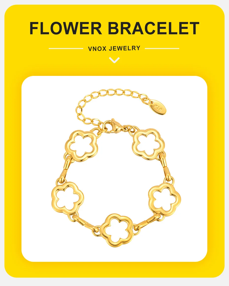 Vnox Elegantes hohles Halskettenarmband mit fünf Blumen, wasserdichtes Schmuckset aus Edelstahl, Statement-Geschenk für Frauen und Mädchen – Detail 1