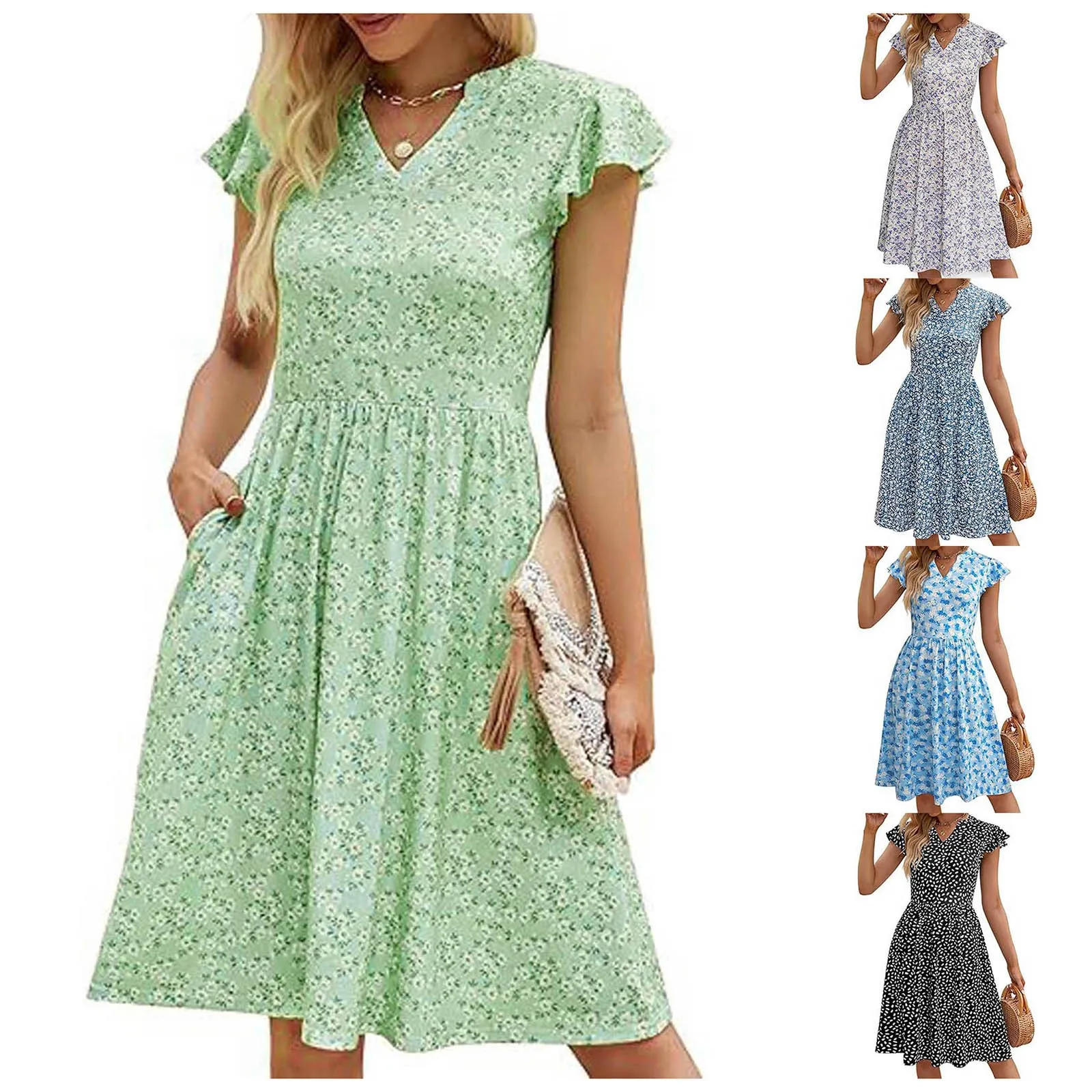 

Casual Dresses For Women 2024 Cute Summer Floral Fit And Flare Cap Sleeve A Line Knee Length Dress With Women Long Dress