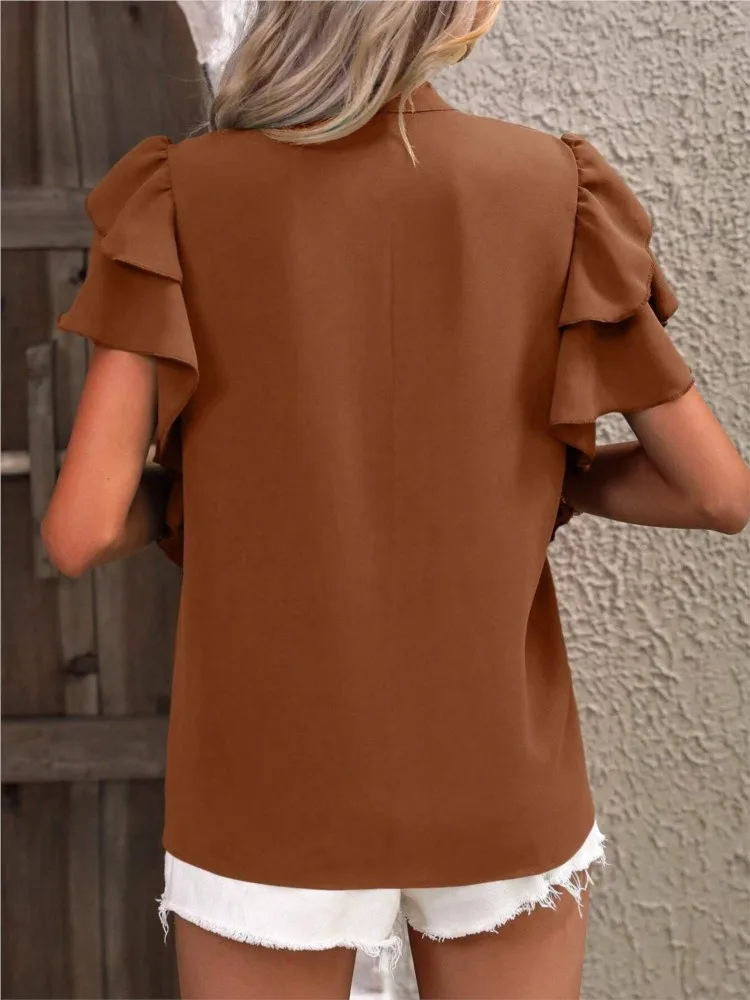 Women\'s Shirt Summer Fashion V-neck Ruffle Short Sleeved Pullover New Office Lady Casual Blouse Women Tops Boho Female Clothing
