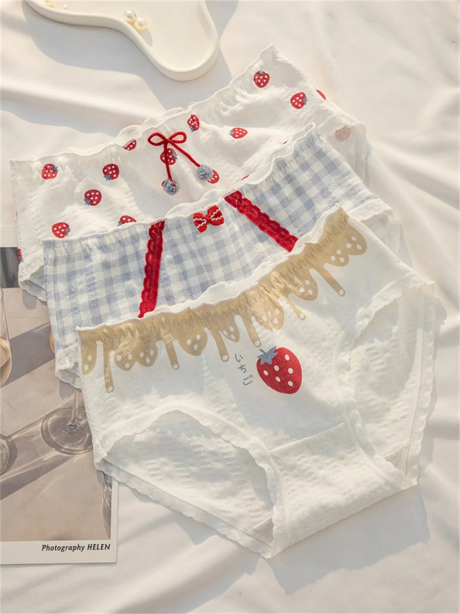 

Japanese College Style Kawaii Cotton Girls Lolita Hairball Bowknot Solid Color Printing Rabbit Strawberries Cute Woman Panties