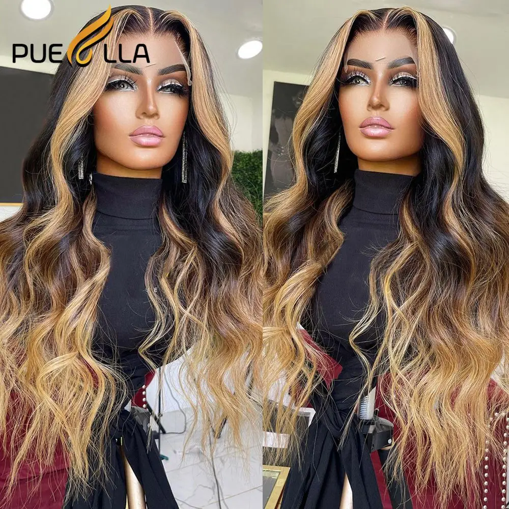 

Ombre Honey Blonde Colored Brazilian Human Hair Lace Front Wig Highlight Brown Body Wave 13x4 Lace Frontal Black Wigs For Women