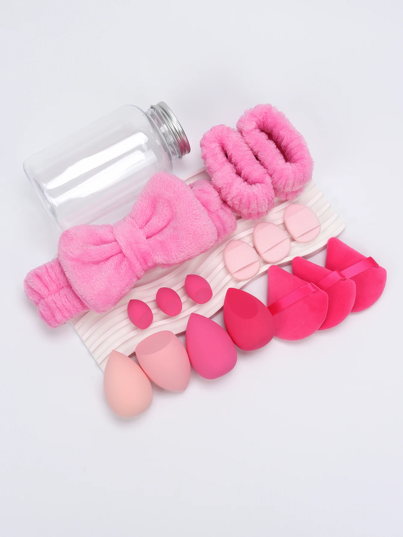 Japanese Style Bow Headband 16-Piece Set, 1 Headband, 2 Wrist Straps, 4 Makeup Sponges, 3 Mini Makeup Sponges, 3 Triangular Loos 5