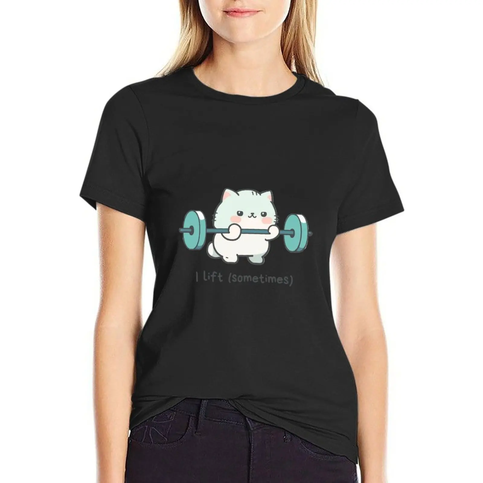 Cat Weightlifter Barbell Cat T-Shirt cute clothes plus sizes Summer Women's clothing