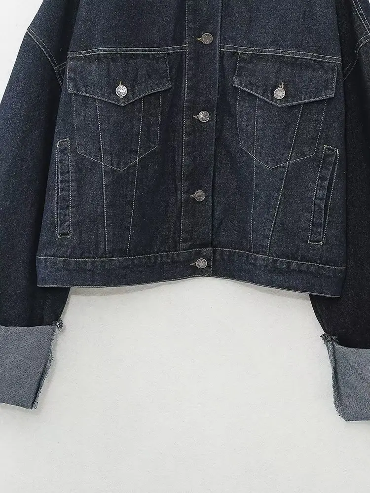 Jenny&Dave American Retro Sleeves Loose Short Jacket Women Boyfriend Style Fashion Roll Up Retro Loose Denim Jacket Coat