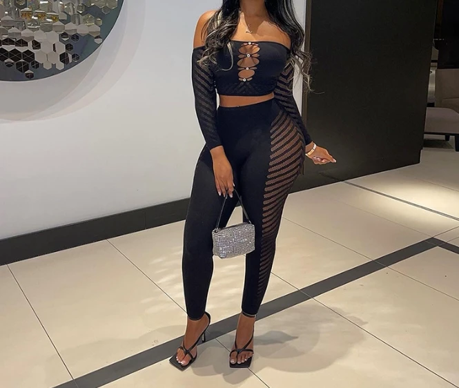 2024 Summer Women's Two Piece Mesh Perspective Hollow Set with Diamond Wrapped Chest Long Sleeved Top and Pants Casual Set pregnant women with chest pads breastfeeding cotton camisos feeding small slings breast milk maternity summer