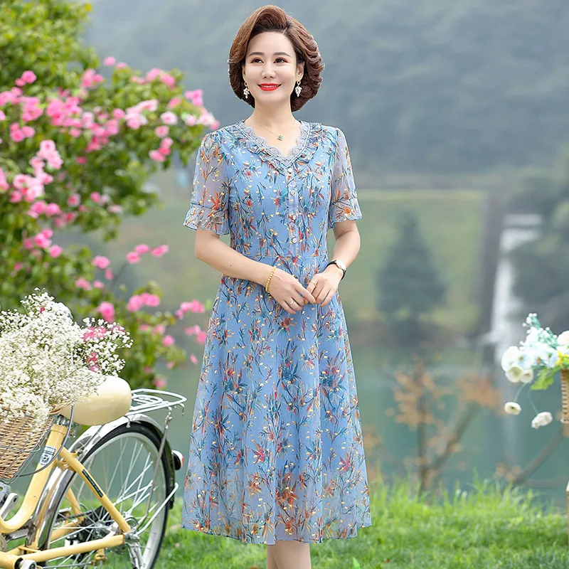 

Summer Dress Women Elegant 5XL Plus Size WoShort Sleeve Midi Dresses Summer 2022 Vintage Middle-aged Women's Summer Sundress
