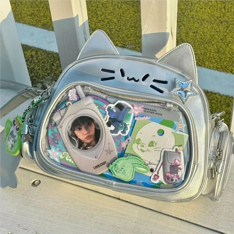 Фото JIAERDI серебристый школьный рюкзак с котом для женщин Новый Harajuku из искусственной кожи Лолита Y2k Рюкзаки Женские винтажные однотонные рюкзаки №4