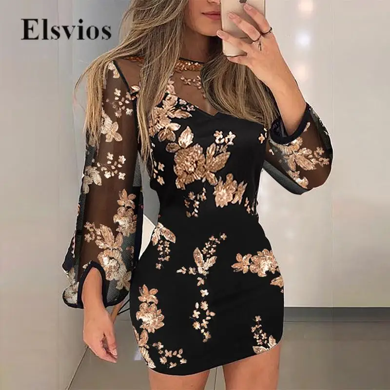 

Elegant Gold Flower Embroidery Party Dress Women Sexy Sheer Mesh Patchwork Lady Mini Dress New Fashion Long Sleeve Bodycon Dress