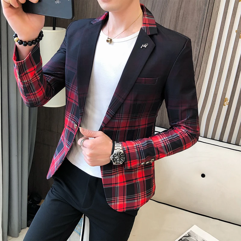 Spring Colorblock Plaid Blazer Men Slim Casual Wedding Business Party Coat M-3XL