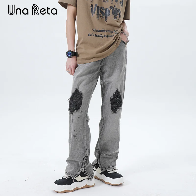 

Una Reta y2k Streetwear Jeans Retro New Men's Clothing Hip Hop Broken Hole Design Denim Pants Harajuku Zipper Trousers Jeans Men