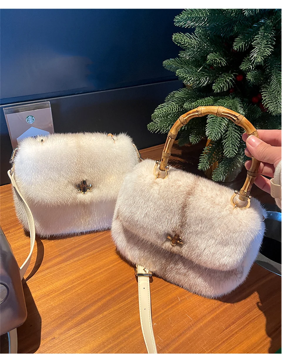 Premium-Qualität Natürliche Nerz-Damenhandtasche Modische Neue Damen-Bambus-Umhängetasche Trendige Flauschige Fell-Handtasche – Detail 18