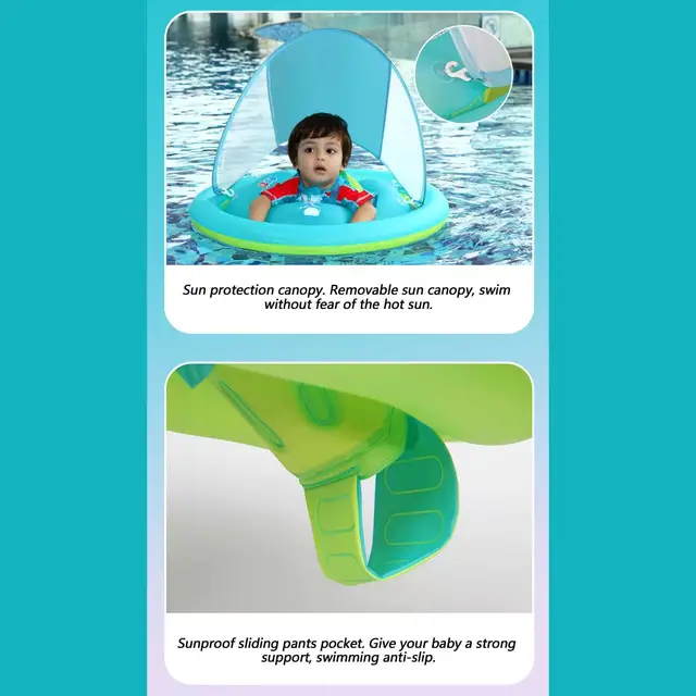 Baby Swimming Float Baby Pool Float With Canopy Inflatable Swim Ring Sun Protection Water Toys For Toddler Kids Outdoor Games 5