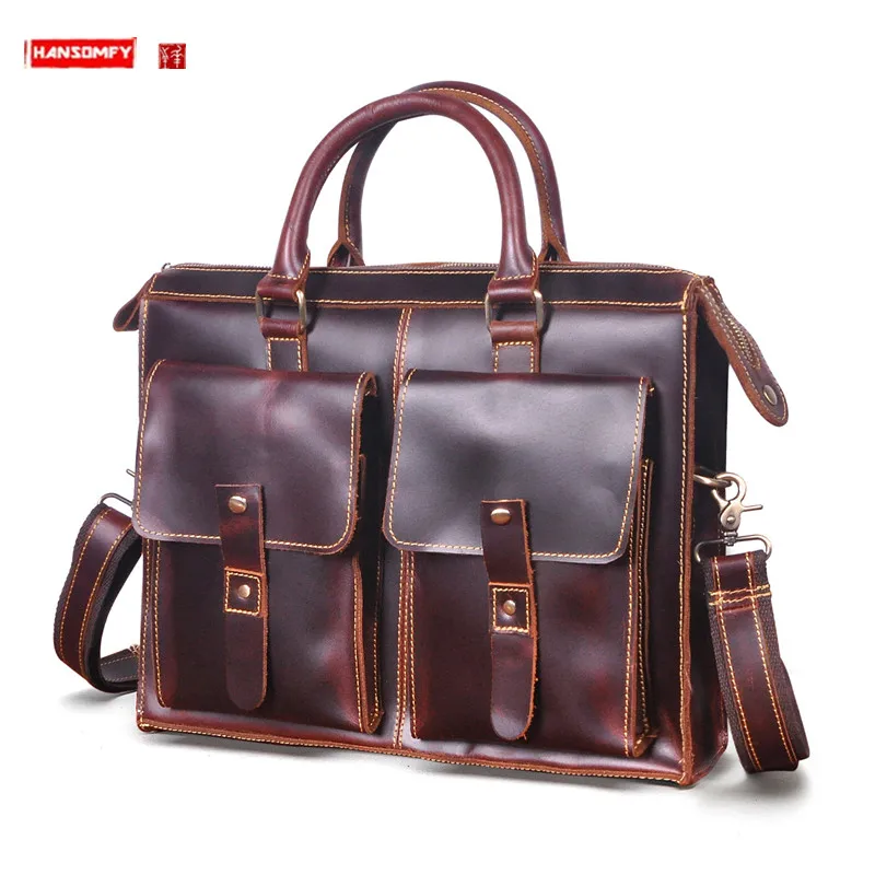 

Retro Crazy Horse Leather Men's Handbags 14-Inch Laptop Bag Business Briefcase Official Document Shoulder Messenger Bags 2023