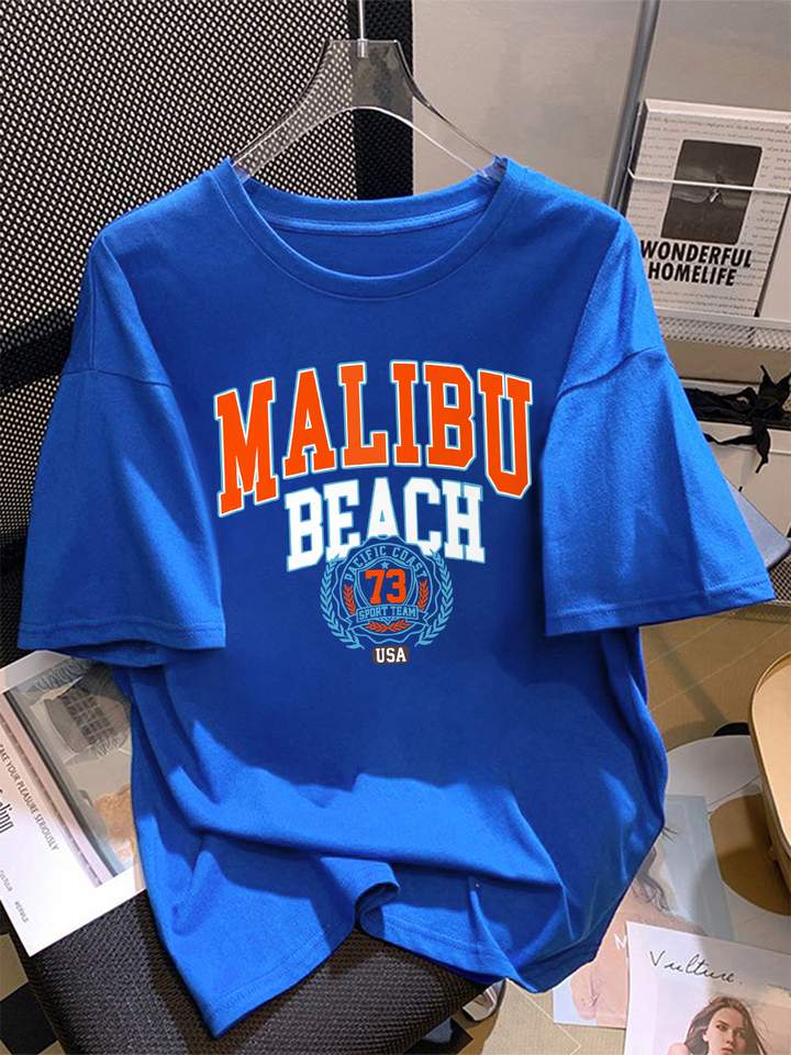 100% Cotton Womens T-Shirts Summer Malibu Beach Usa City Letter Prints Short Sleeve Tees Soft Loose O-Neck Tops Basic Clothes