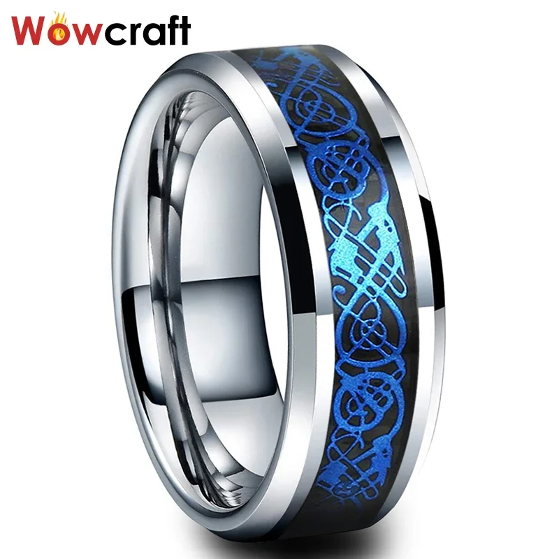 Tungsten Wedding Bands 8mm Blue Blue Dragon Rings for Men Women Engagement Ring Polished Shiny with Carbon Fiber Comfort Fit younoble natural cultured double pearl rings for women silver 925 double adjustable ring with pearl birthday gift