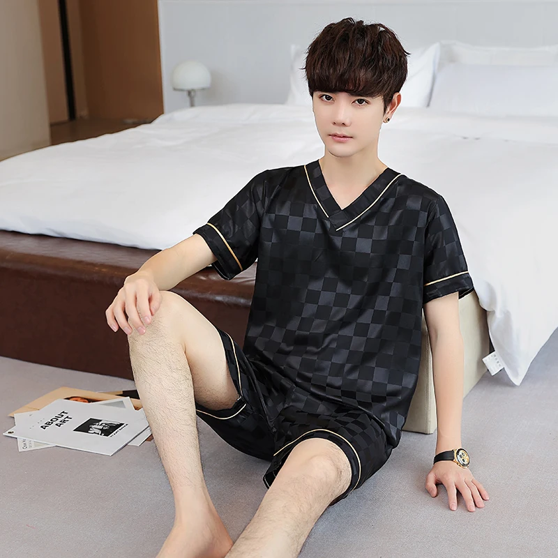 

2022 New Pajamas Single Men's Summer Short V Neck Silk Jacquard Casual Simple Homewear Suit Pajama Set