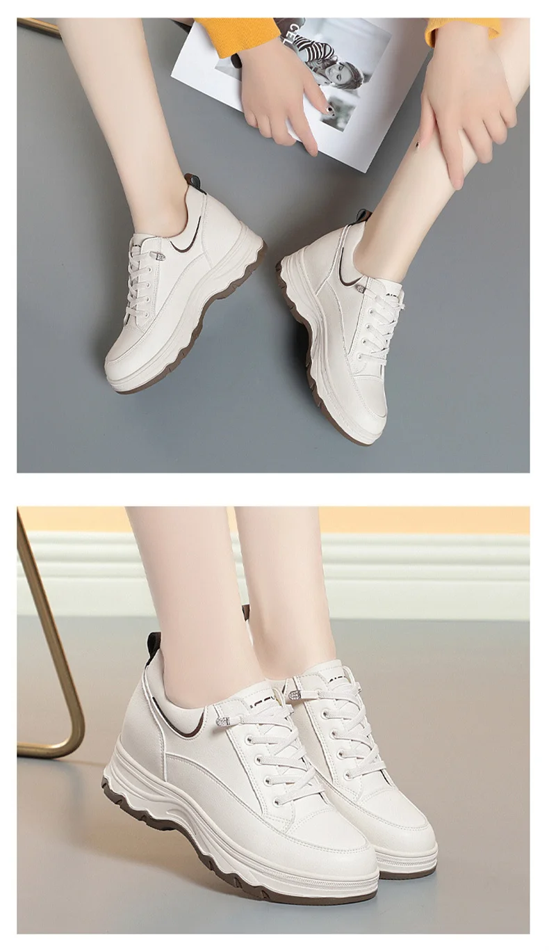 Women Walking Shoes - Comfortable Chunky Casual Sneakers With Soft Leather Lace-Up Design