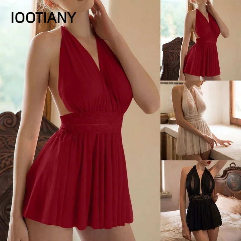 2024 Sexy Lace Gauze Sleeping Dress Temptation Mesh Hanging Neck Fairy Backless Tulle Perspective Nightdress