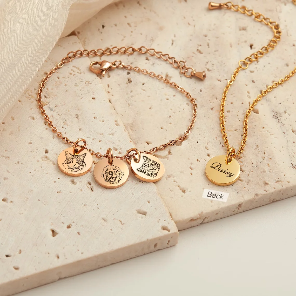Discs Bracelet Custom Name Pet Portrait Pendant High Quality Stainless Steel Jewelry Dainty Bracelets Birthday Gift For Her