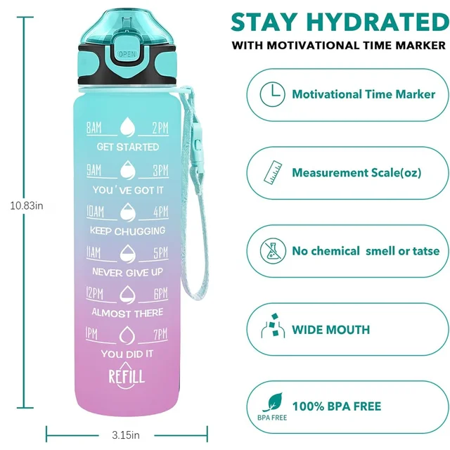 32 oz Drinking Water Bottle with Times to Drink and Straw, Motivational with Carrying Strap, Leakproof BPA & Toxic Free 5