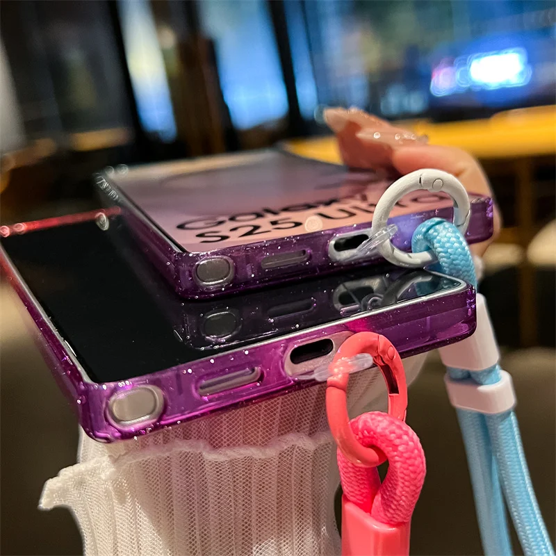 Transparent Gradient Glitter Bling Phone Case with Short Hand Rope Lanyard and Soft Cover