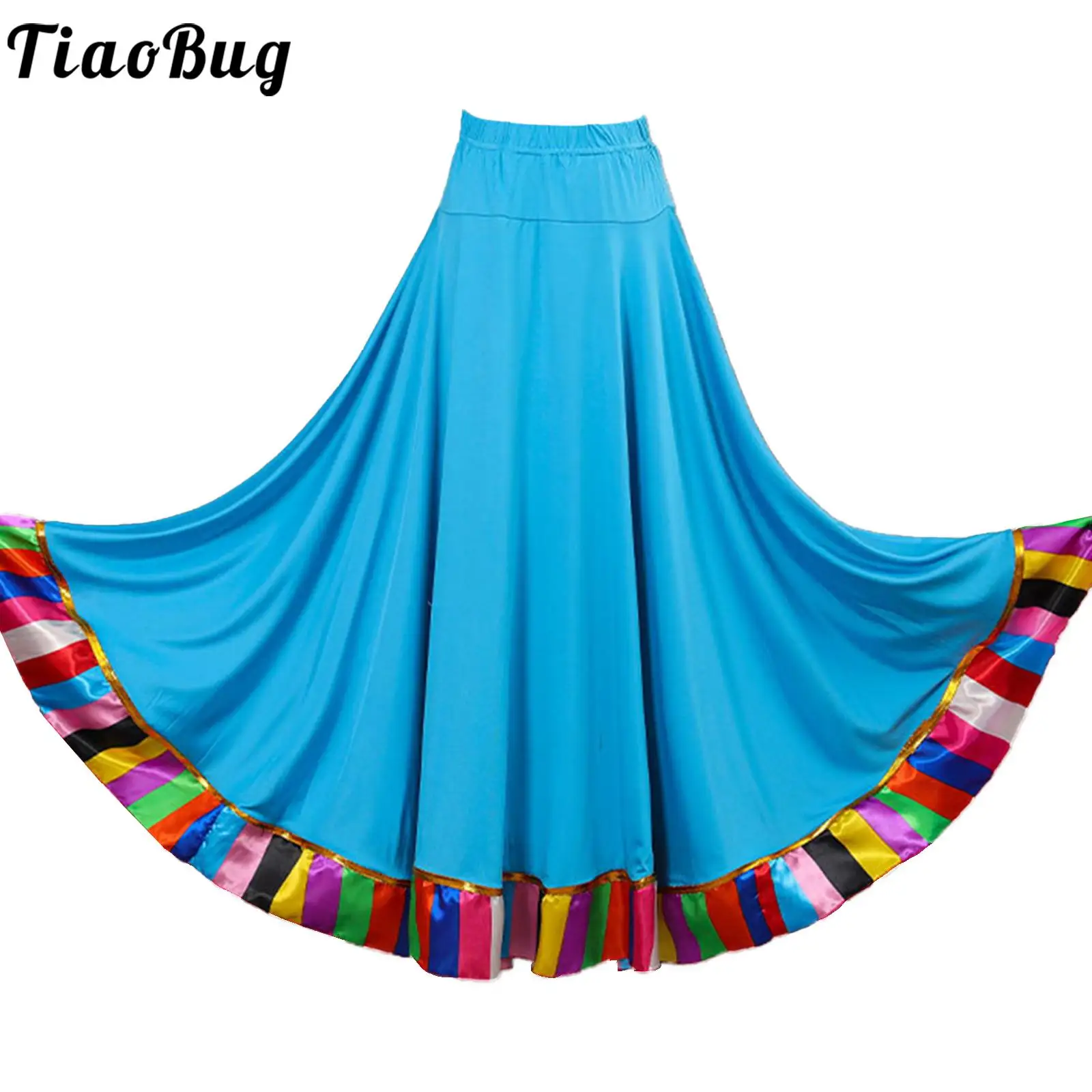 

Women Spanish Flamenco Dance Skirt Colorful Striped Big Swing Folk Ballroom Dancing Skirts Dance Team Stage Performance Costumes