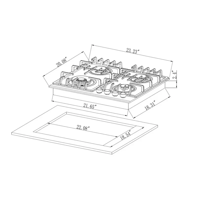 QJ24" Empava Gas Stove Cooktop 4 Italy Sabaf Sealed Burners NG/LPG Convertible Tempered Glass in Black,24 Inch