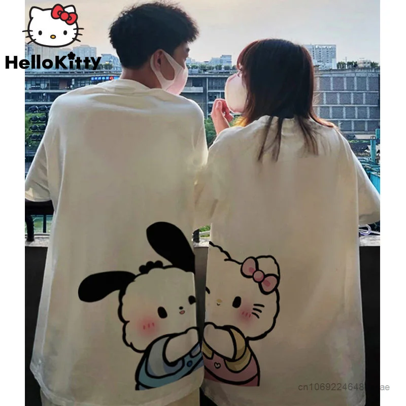 

Sanrio New Couple Design T-shirts Women Hello Kitty Men Pochacco Cute Tops 2 Piece Y2k Summer Short Sleeve Fashion Loose Tees