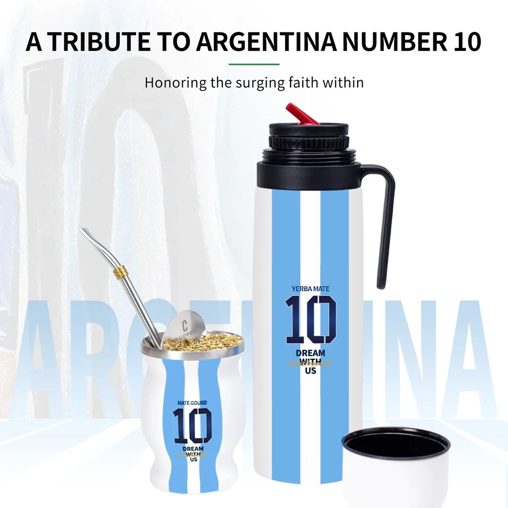 Complete Yerba Mate Kit-Includes Mate Cup, Straw (Bombilla), 1000ml Thermos, Bag, Container Yerbero-Argentina Captain NO.10