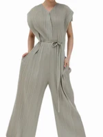 Miyake Pleated Sleeveless Jumpsuit Casual Wide Leg Pants Women Fall Clothes Loose Loose Summer 2023 Black Belt Bandage Jumpsuit - Image 4