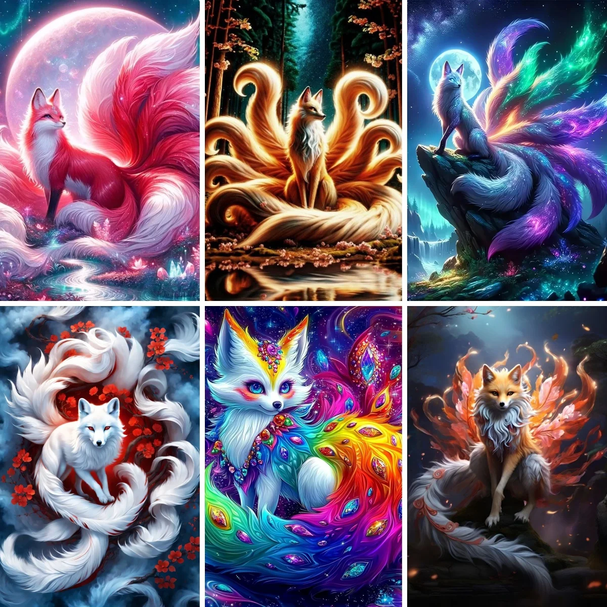 Kitsune Spirit Fox Peinture Diamant, 일본 신화 9 꼬리 여..