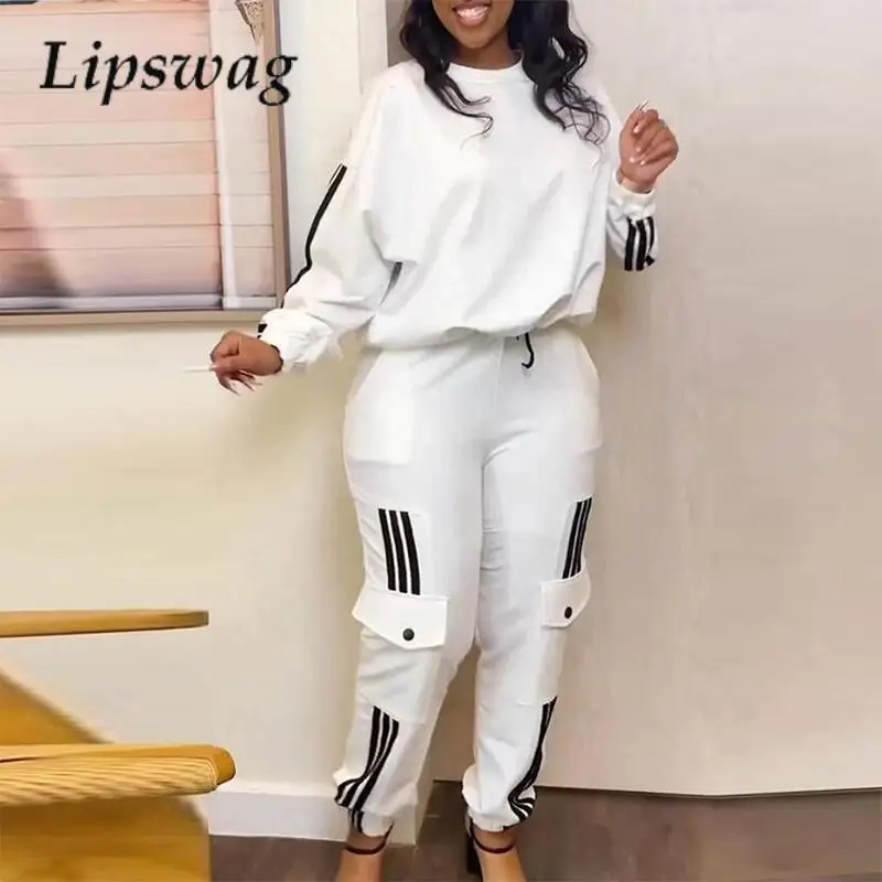 

Women Stitching Striped Pullover Two-Piece Casual Commuter O-Neck Versatile Suit Autumn Loose Long-Sleeve Top And Sport Trousers