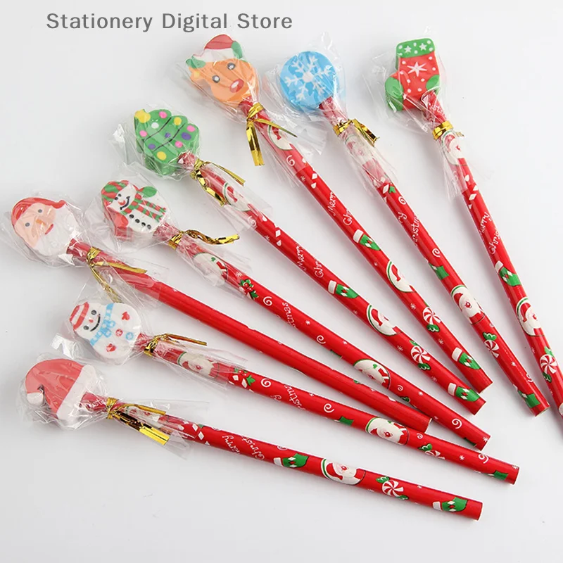 

1PCS Christmas HB Pencils Erasers Assorted Christmas Novelty Cartoon Designs Party Favor Student Stationary For Kids