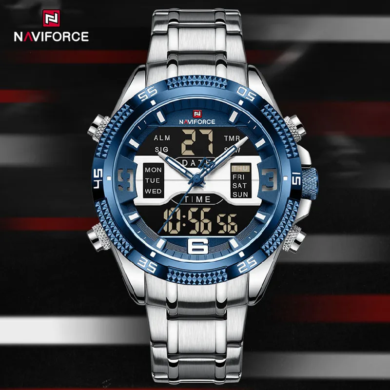 

NAVIFORCE Brand Men Watches Stainless Steel Waterproof Lcd Display Analog Digital Quartz Wristwatches Sport Clock Reloj Hombre