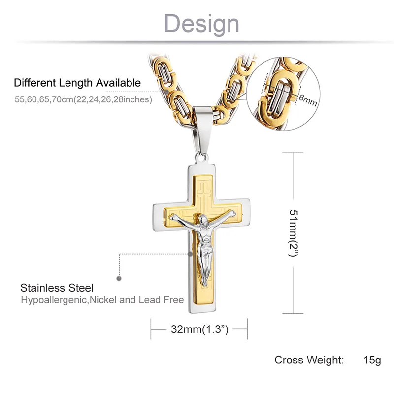 Stainless Steel Necklace Pendant Necklaces Pendant Necklace Metal Necklace Jesus Cross Long Byzantine Chain Stainless Steel Necklaces Pendants for Men Christian Crucifix Necklace Religious Jewelry