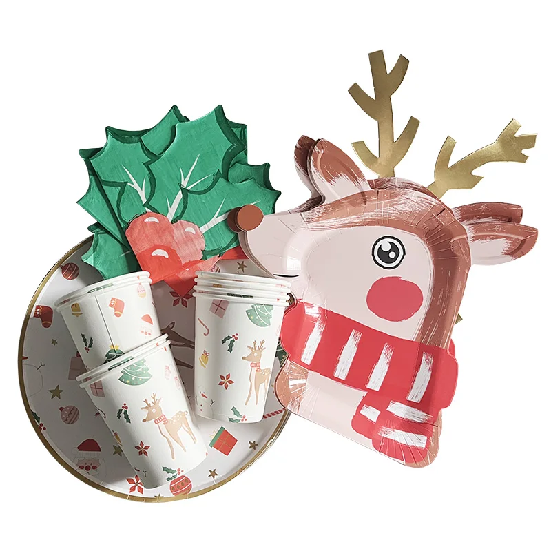 8pcs Christmas Themed Decor Deer Disposable Tableware Cute Elk Paper Napkin Milk Juice Cup Merry Xmas Kids New Year Party Supply
