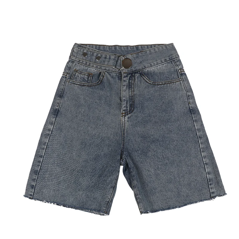 

Loose Denim Shorts Wide Hem High Waist Adjustable Waist Straight Legs Cotton Short Jeans for Lady