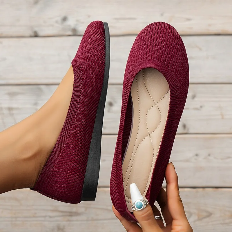 Spring Autumn Casual Shoes For Women Slip-on Pump Knit Single Flat Shoes Breathable Round Toe Ladies Cloth Loafers Large Sized 6
